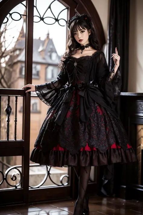 masterpiece, best quality, lo_dress, long sleeves, detached sleeves, black pantyhose, 1girl, solo, slim, looking at viewer, long black hair, standing, in castle, window, fireplace, detailed background, <lora:lo_dress_gothic_style2_v2:0.7>