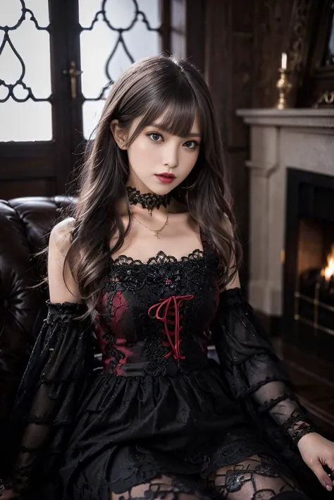 realistic, photorealistic, masterpiece, best quality, lo_dress, long sleeves, detached sleeves, black pantyhose, 1girl, solo, slim, looking at viewer, long black hair, sitting, in castle, window, fireplace, detailed background, <lora:Cute Asian Face:0.8>, <lora:lo_dress_gothic_style1_v2:0.7>