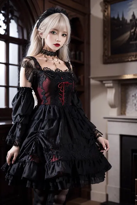 realistic, photorealistic, masterpiece, best quality, lo_dress, long sleeves, detached sleeves,  black pantyhose, 1girl, solo, slim, looking at viewer, long black hair, standing, in castle, window, fireplace, detailed background, <lora:Cute Asian Face:0.8>, <lora:lo_dress_gothic_style1_v2:0.7>