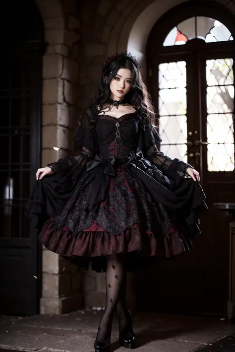 masterpiece, best quality, lo_dress, long sleeves, detached sleeves, black pantyhose, 1girl, solo, slim, looking at viewer, long black hair, standing, in castle, window, fireplace, detailed background, <lora:lo_dress_gothic_style2_v2:0.7>