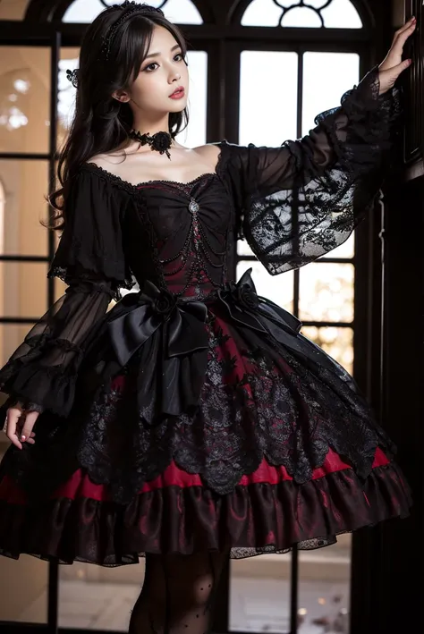 masterpiece, best quality, lo_dress, long sleeves, detached sleeves, black pantyhose, 1girl, solo, slim, looking at viewer, long black hair, standing, in castle, window, fireplace, detailed background, <lora:lo_dress_gothic_style2_v2:0.7>