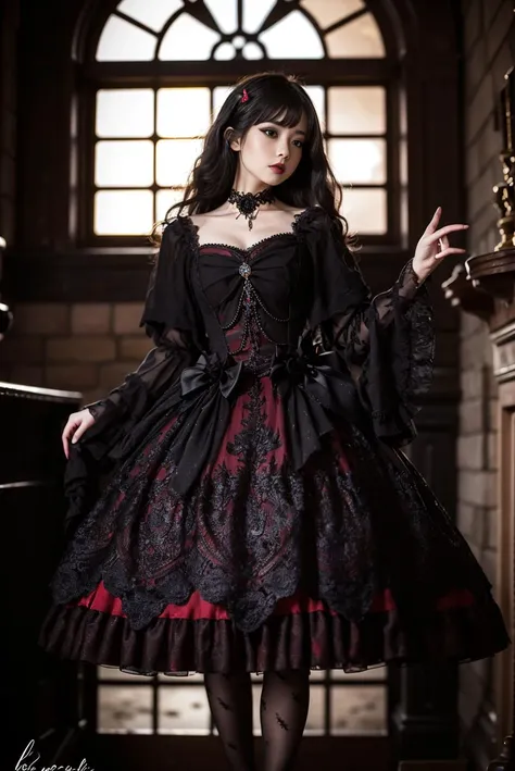 masterpiece, best quality, lo_dress, long sleeves, detached sleeves, black pantyhose, 1girl, solo, slim, looking at viewer, long black hair, standing, in castle, window, fireplace, detailed background, <lora:lo_dress_gothic_style2_v2:0.7>