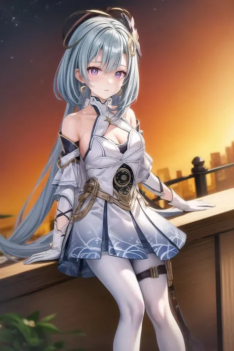 LYFE, leotard, elbow_gloves, asymmetrical_legwear, hair_ornament, cleavage, blue_hair, long hair, yellow_eyes, hand on hip, 1girl, solo, standing, cowboy shot, looking at viewer, outdoors, day, tree, weeds, cloud, cityscape, city, dappled_sunlight, (masterpiece,best quality,beautiful and aesthetic:1.2), <lora:LYFE-V2:1>