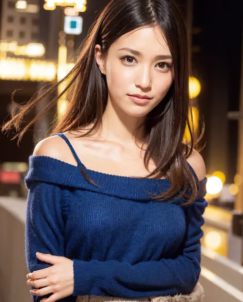 best quality, photorealistic, 8k, high res, 1girl, woman, (skindentation), (professional lighting), (portrait:0.6), (blue off shoulder sweater:1.5), black choker, gorgeous, (short black hair:1.5),(floating hair:1.2), beautifully detailed starry night sky, neon cityscape, (looking at the camera), ((looking at viewer:1.5)), (looking at the camera), photorealistic, (bokeh), (portait:0.6), gorgeous, (dynamic pose:1.2), sfw, <lora:Anjou M:0.7>