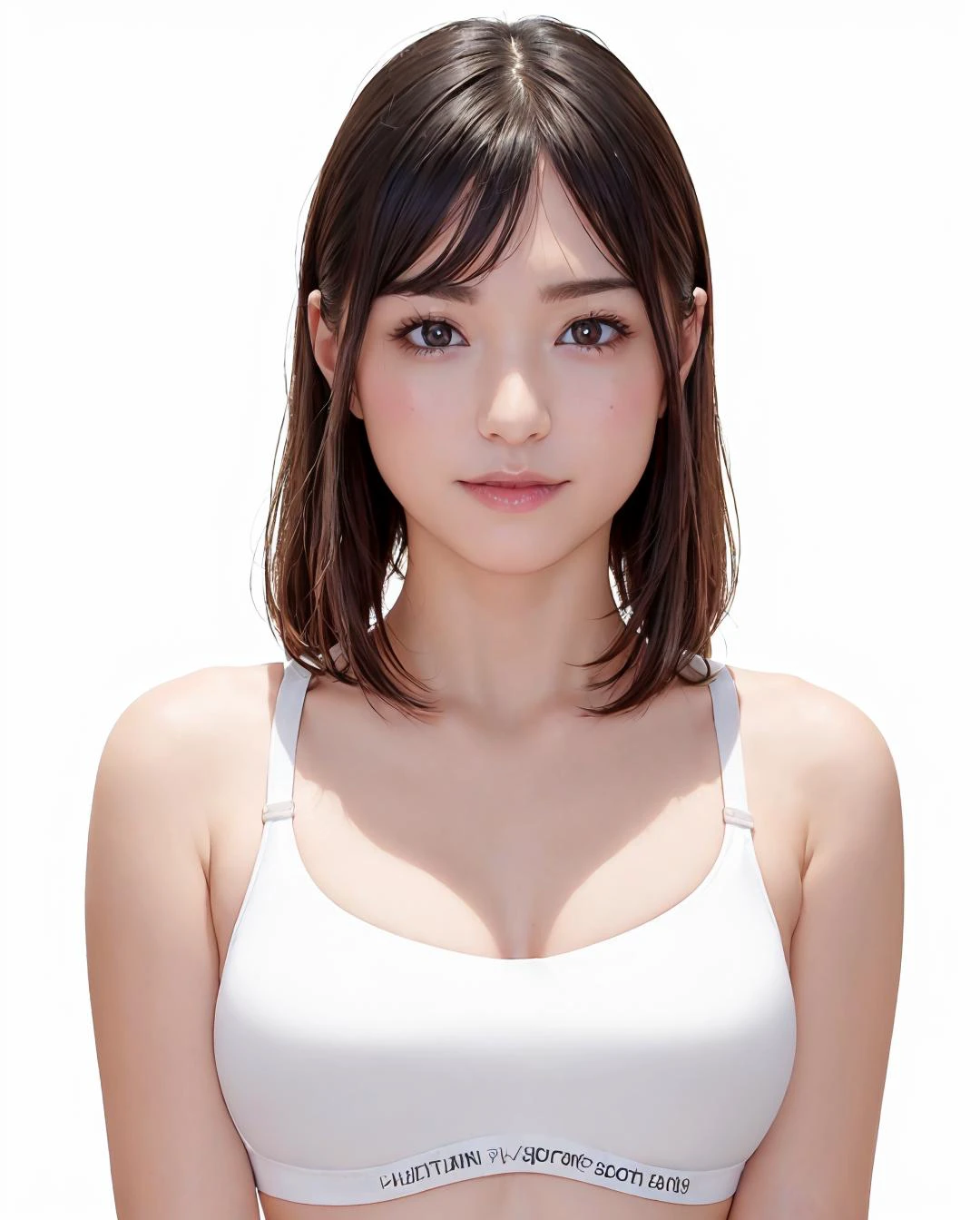 best quality, photorealistic, 8k, high res, 1girl, woman, (skindentation), (portrait:0.6), gorgeous, ((whitebackground, sport bra, small breast:1.65)), (medium-length hair, swept bangs:1.6), looking at viewer, (1girl eyes looking at viewer:1.6), photorealistic, (bokeh), (floating hair, closed mouth, smile:1.3), gorgeous, pureerosface_v1:1, <lora:av-anjou v2:0.45>