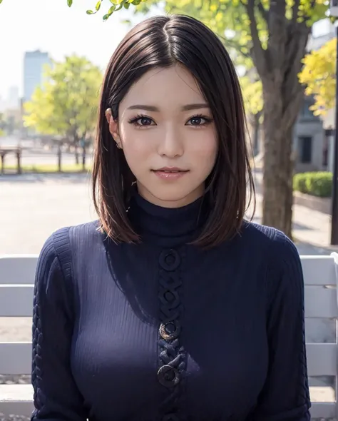 pureerosface_v1:0.3, best quality, photorealistic, 8k, high res, full color, 1girl, woman, 20 years old woman, smile, (closed mouth), (skindentation), (portrait:0.6), trees, park bench, daylight, ((park background:1.52)), full color, ((necksweater:1.68)), looking at viewer:1.8, (1girl eyes looking at viewer:1.55), (short-length hair, blackhair, partedhair:1.45), (bokeh), <lora:AAV-anjou:0.65>