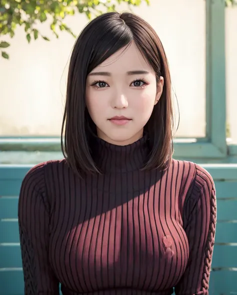 pureerosface_v1:0.3, best quality, photorealistic, 8k, high res, full color, 1girl, woman, 20 years old woman, (closed mouth:1.7), (skindentation), (portrait:0.6), trees, park bench, daylight, ((park background:1.52)), full color, ((necksweater:1.68)), looking at viewer:1.8, (1girl eyes looking at viewer:1.55), (short-length hair, blackhair, partedhair:1.45), (bokeh), <lora:AAV-anjou:0.65>