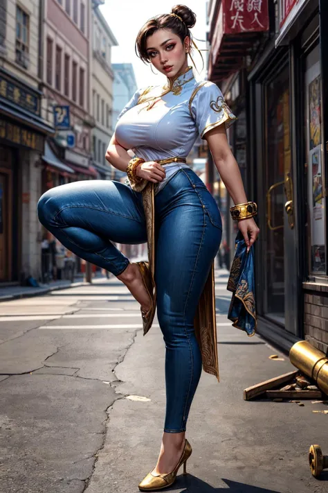 (ultra realistic,32k, masterpiece:1.2),(high detailed skin:1.1),( high quality:1.1),
<lora:Chunli:0.6>(nose blush:1.1),chunlims,brown eyes, hair bun, double bun, eyeshadow, makeup, chinese clothes, pelvic curtain, solo, dress, bracelet, ribbon, pants, blue pants, makeup, short sleeves, wide hips, thick thighs, A place with oil stains on the floor with remains of bodywork and screws and a lot of rusty things blurry background,fighting stance, (huge breast,large breast:1.1),<lora:add_detail:0.95>,
(lighting:1.1),