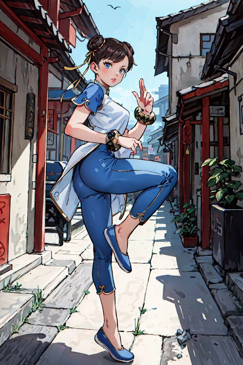 masterpiece, best quality, real picture, intricate details, 1girl, chunlims
Appearance: {milf, slender, small_breasts, slim, fit, lips, moisture lips}
Clothing: {chinese clothes, pelvic curtain, dress, pants, blue pants, short sleeves}
Accessories: {bracelet, ribbon}
Hair: {hair bun, double bun}
Location: bustling cityscape, traditional chinese buildings. The sky is a hazy shade of blue. People hurry past, going about their day. The scene captures the energy and vitality of city life.
<lora:chunLiStreetFighter_v10:1>