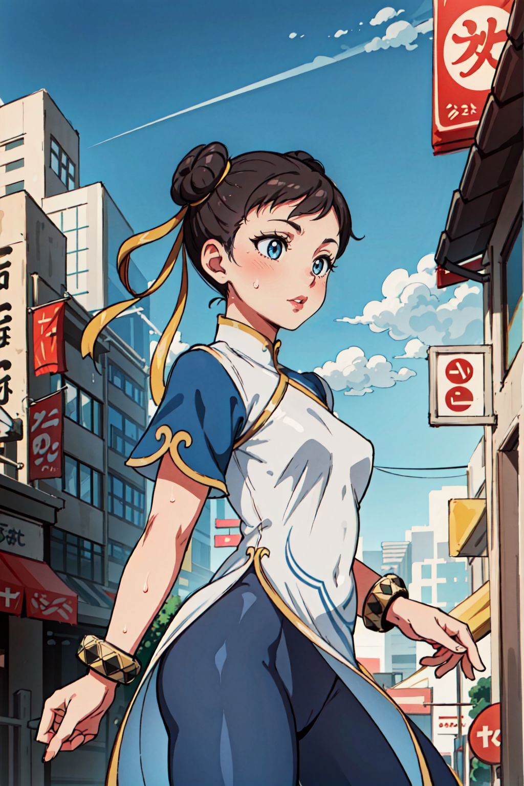 A woman in a blue and white dress is walking down a street - SeaArt AI