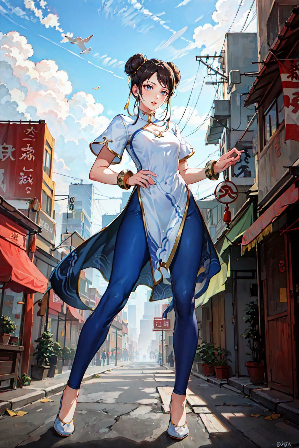 masterpiece, best quality, real picture, intricate details, 1girl, chunlims
Appearance: {milf, slender, small_breasts, slim, fit, lips, moisture lips}
Clothing: {chinese clothes, pelvic curtain, dress, pants, blue yoga pants, short sleeves}
Accessories: {bracelet, ribbon}
Hair: {hair bun, double bun}
Location: bustling cityscape, traditional chinese buildings. The sky is a hazy shade of blue. People hurry past, going about their day. The scene captures the energy and vitality of city life.
<lora:chunLiStreetFighter_v10:1>
