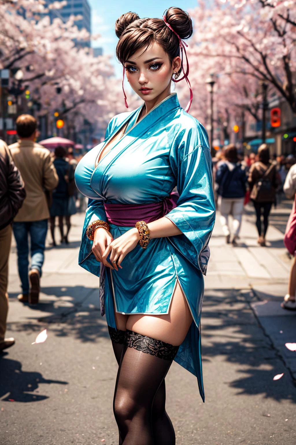 (ultra realistic,32k, masterpiece:1.2),(high detailed skin:1.1),( high quality:1.1),
<lora:Chunli:0.6>(embarrassed:1.1),chunlims, brown eyes, hair bun, double bun, eyeshadow, makeup, solo, bracelet, ribbon,Silver pink short kimono,thigh highs, high heels, city park, sunshine, cherry blossoms, blurry background,,(looking at viewer, standing:1.1),, (huge breast,large breast:1.1),<lora:add_detail:1>,
(neon pastel light:1.1),
