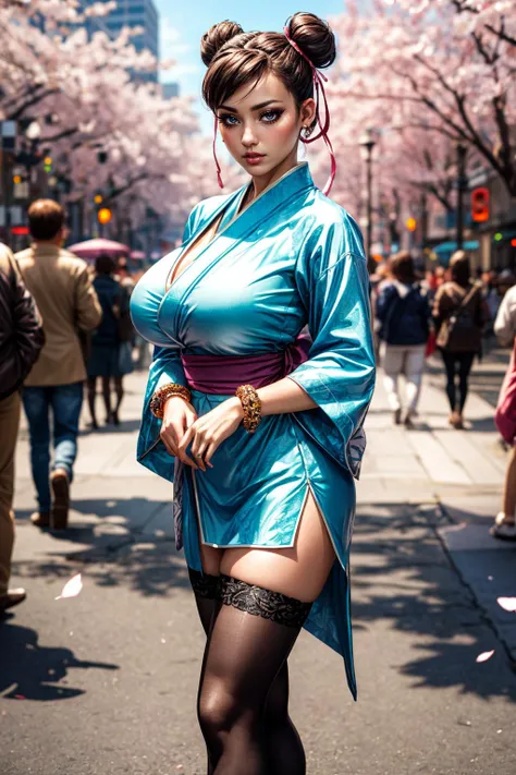 (ultra realistic,32k, masterpiece:1.2),(high detailed skin:1.1),( high quality:1.1),
<lora:Chunli:0.6>(embarrassed:1.1),chunlims, brown eyes, hair bun, double bun, eyeshadow, makeup, solo, bracelet, ribbon,Silver pink short kimono,thigh highs, high heels, city park, sunshine, cherry blossoms, blurry background,,(looking at viewer, standing:1.1),, (huge breast,large breast:1.1),<lora:add_detail:1>,
(neon pastel light:1.1),