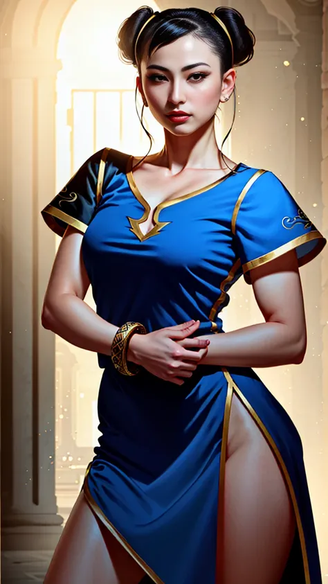 (masterpiece), (best quality), (hyper realistic:1.4),(photorealistic:1.3),
extremely detailed face, cowboy shot, hair bun, double bun, eyeshadow, makeup, pelvic curtain, bracelet, ribbon, wide hips, thick thighs, big breasts, abs, Fighting pose,
abstract woman in dress with crazy blue hair, with ribbons in her hair, crystal candlestycks around, wearing impossible costume with intricate detailing with ( gold, diamond, ruby, sapphire, gemstones) details , intricate details, (complex ornaments:1.1),
perfect lighting,(subsurface scattering, highly detailed, realistic lighting, cinematic composition, raw, ultrares,
chunlims, <lora:ChunliMS:1>,