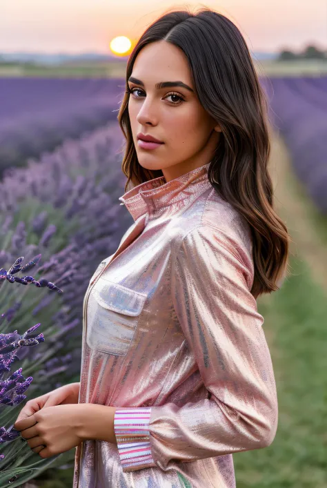 best quality raw photo of (Ell3C4p3t4n4k1s01:0.99), looking away, (colourful shirt with high neck:1.3), photo shot on Nikon D850, 16k, sharp focus, masterpiece, Hyper Detailed, breathtaking, atmospheric perspective, diffusion, pore correlation, skin imperfections, DSLR, 80mm Sigma f2, depth of field, film grain, outdoor in a lavender field, sunset lighting, (golden hour:1.2), (detailed face:1.1), skin pores, 8k, skin texture, dslr,