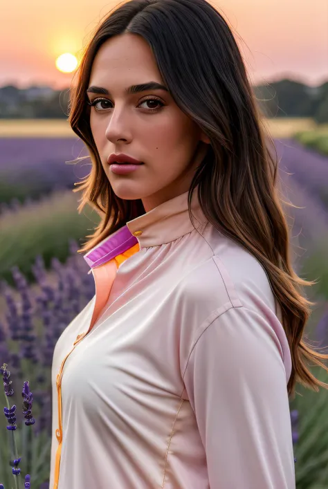 best quality raw photo of (Ell3C4p3t4n4k1s01:0.99), looking away, (colourful shirt with high neck:1.3), photo shot on Nikon D850, 16k, sharp focus, masterpiece, Hyper Detailed, breathtaking, atmospheric perspective, diffusion, pore correlation, skin imperfections, DSLR, 80mm Sigma f2, depth of field, film grain, outdoor in a lavender field, sunset lighting, (golden hour:1.2), (detailed face:1.1), skin pores, 8k, skin texture, dslr,