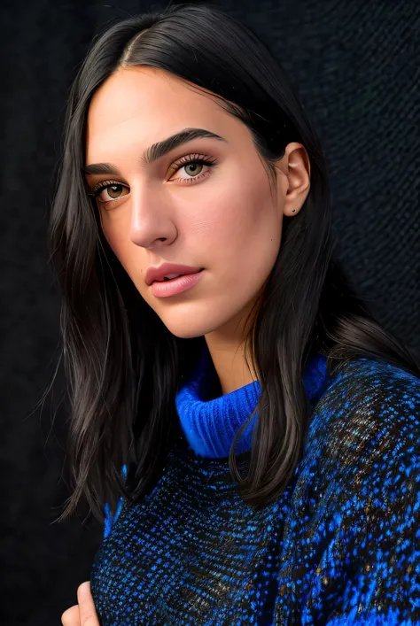 best quality (raw:1.1) portrait of (Ell3C4p3t4n4k1s01:0.99), (wearing a blue knitted sweater:1.3), in front of a (plain black studio backdrop:1.2), headshot, photorealistic, high detail, detailed, <lora:add_detail:0.4>
