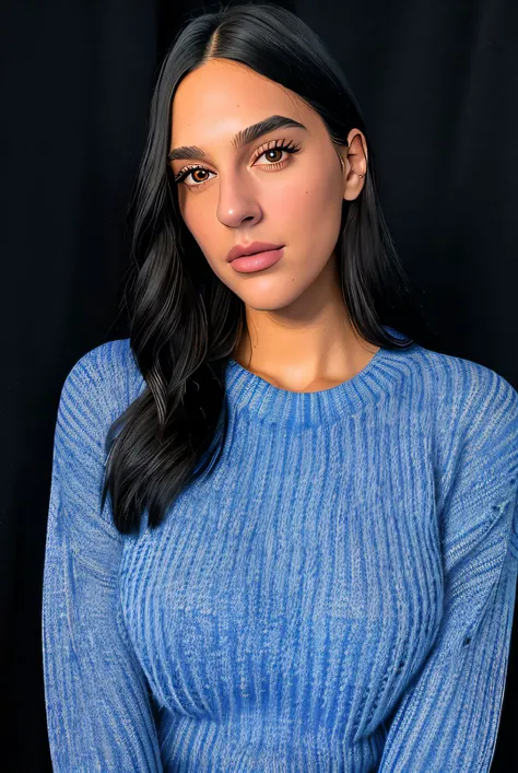 best quality (raw:1.1) portrait of (Ell3C4p3t4n4k1s01:0.99), (wearing a blue knitted sweater:1.3), in front of a (plain black studio backdrop:1.2), headshot, photorealistic, high detail, detailed, <lora:add_detail:0.4>