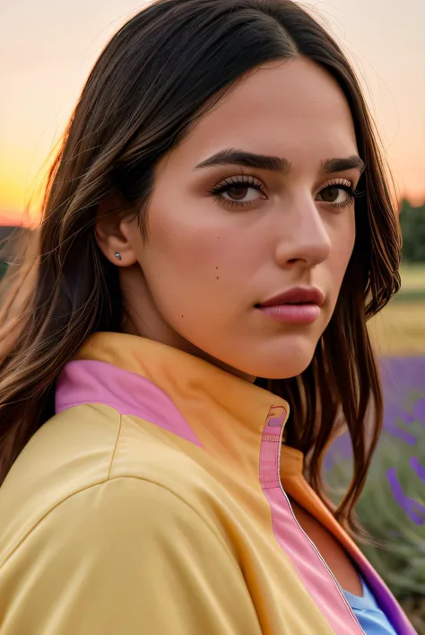 best quality raw photo of (Ell3C4p3t4n4k1s01:0.99), looking away, (colourful shirt with high neck:1.3), photo shot on Nikon D850, 16k, sharp focus, masterpiece, Hyper Detailed, breathtaking, atmospheric perspective, diffusion, pore correlation, skin imperfections, DSLR, 80mm Sigma f2, depth of field, film grain, outdoor in a lavender field, sunset lighting, (golden hour:1.2), (detailed face:1.1), skin pores, 8k, skin texture, dslr,