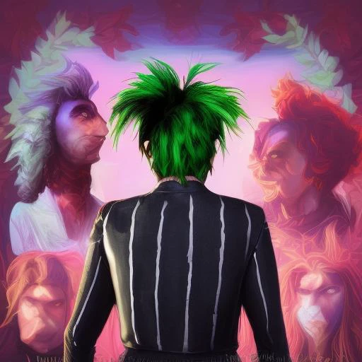 dskyart1, digital art, illustration, incredible masterpiece,a drawing of a man with a green hair and beard and a beardcut on his face and a green shirt, Alex Brightman, Beetlejuice the musical, digital art, a character portrait, dnd character art portrait,  looking at the camera, a character portrait, digital colors,  ligne claire, cinematic,  dskyart1