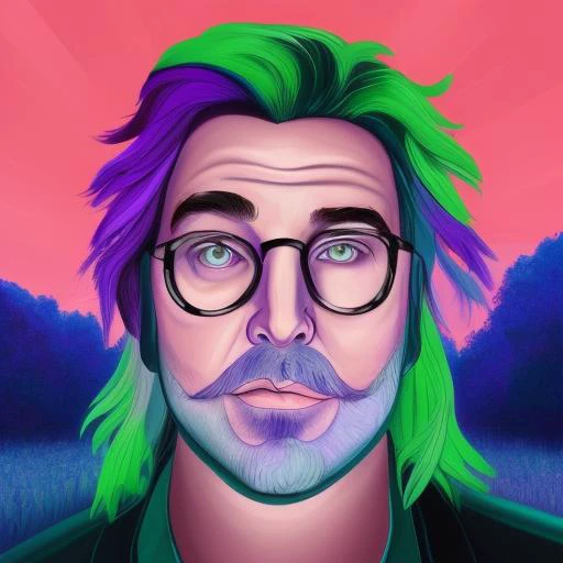 dskyart1, digital art, illustration, incredible masterpiece,a drawing of a man with a green hair and beard and a beardcut on his face and a green shirt, Alex Brightman, Beetlejuice the musical, dnd character art portrait,  looking at the camera,  dskyart1