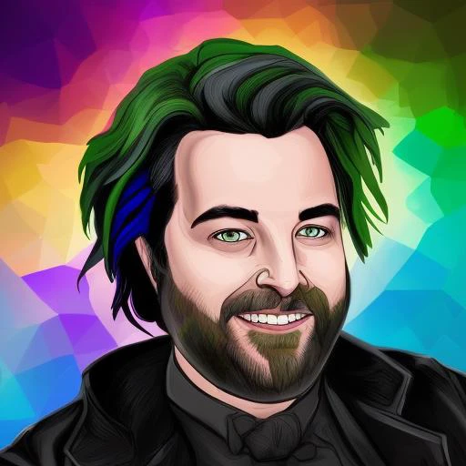 dskyart1, digital art, illustration, incredible masterpiece,a drawing of a man with a green hair and beard and a beardcut on his face and a green shirt, Alex Brightman, Beetlejuice the musical, digital art, a character portrait, dnd character art portrait,  looking at the camera, a character portrait, digital colors,  ligne claire, cinematic,  dskyart1