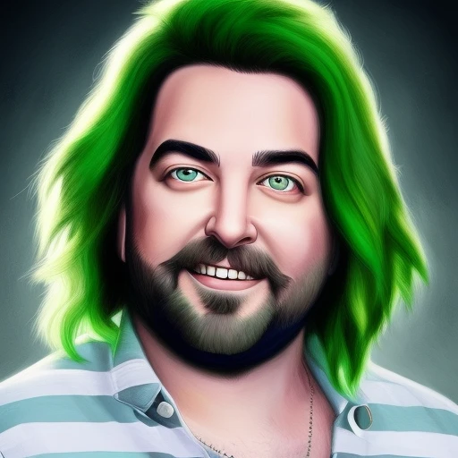 dskyart1, digital art, illustration, incredible masterpiece,a drawing of a man with a green hair and beard and a beardcut on his face and a green shirt, Alex Brightman, Beetlejuice the musical, dnd character art portrait,  looking at the camera,  dskyart1