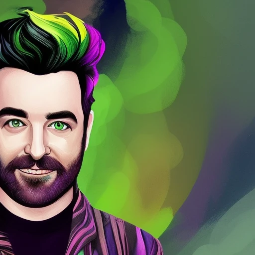 dskyart1, digital art, illustration, incredible masterpiece,a drawing of a man with a green hair and beard and a beardcut on his face and a green shirt, Alex Brightman, Beetlejuice the musical, dnd character art portrait,  looking at the camera,  dskyart1