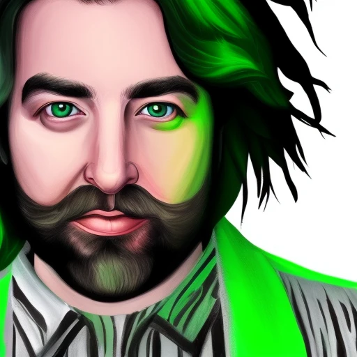 dskyart1, digital art, illustration, incredible masterpiece,a drawing of a man with a green hair and beard and a beardcut on his face and a green shirt, Alex Brightman, Beetlejuice the musical, dnd character art portrait,  looking at the camera,  dskyart1