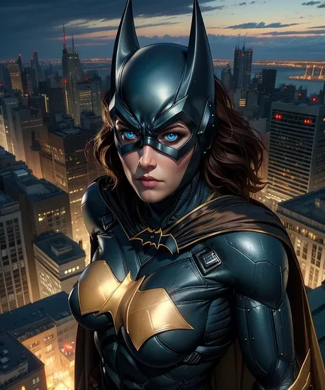 batgirlak,blue eyes,brown hair,
bodysuit,mask,cape,armor,helmet,serious, looking at viewer, 
night, rooftop,   cityscape,     Gotham city,  
(insanely detailed, masterpiece, best quality),solo,<lora:batgirlBG:0.8>,