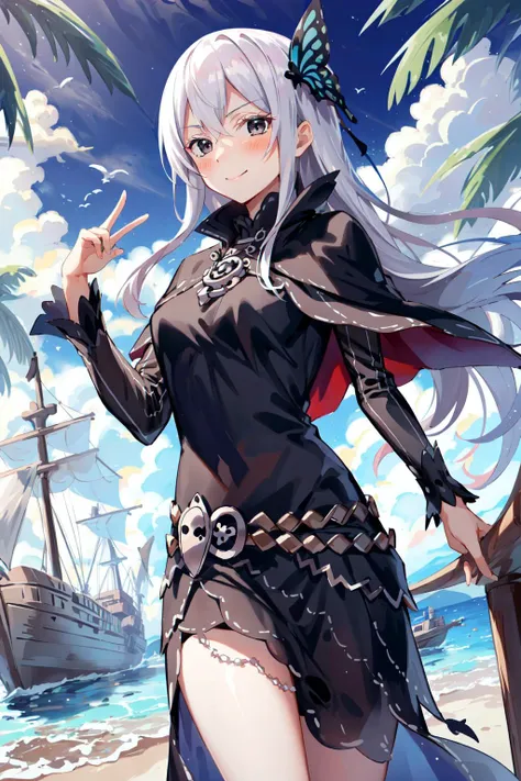 best quality, intricate details,
 <lora:reZeroEchidna_v10:0.8> echidnanai ,long hair, butterfly hair ornament, smile,hair between eyes, black dress, looking at viewer, breasts, very long hair, black capelet, capelet, long sleeves, bangs, closed mouth,  black eyes, floating hair,  blush, medium breasts, white hair, cowboy shot, hand up, standing,colored eyelashes, white_eyelashes,white eyebrows,long dress,
 <lora:piratepunkai_v10:0.8> piratepunkai, tropical trees, wooden ship, pirate, naval battle,