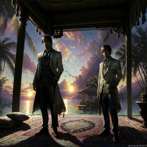 highly detailed, <lora:piratepunkai_v10:0.751> feet, The sun is setting in the sky, blurry_background, RUG, chromatic aberration, (Extremely detailed background:1.2), by Jeremy Mann, intricate, unbuttoned collar, tropical, energy