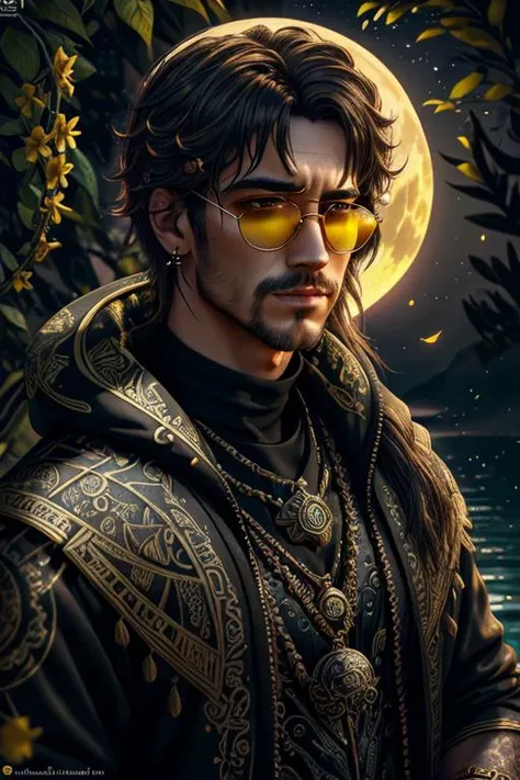 (ultra-realistic), portrait, zentangle, skill, colorful, artstation, (cinematic), high quality, perfect male figure, ultra-detailed, dreamy atmosphere, fantastic, hazel sunglasses, mysterious, majestic, fantasy, black sun, (((malicious))), Charm, (((realistic:1.2)), best quality), 1girl, (yellow flowers), 8k, <lora:piratepunkai_v10:0.751>, (realistic), trending on ArtStation, (moon:1.1), fire, verdant
