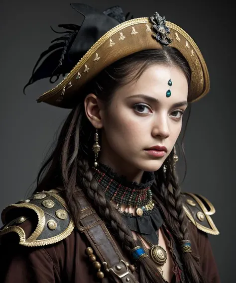 <lyco:CulturePunkBundle-000007:0.4>, piratepunkai, pirate, 1girl, 1girl by Irving Penn BREAK Fugifilm Superia, (full body, masterpiece), HDR, 8K resolution, analogue RAW DSLR, best quality, absurdres, vivid vibrant colors, skin pores, intricate detail, (intricately detailed face_and_eyes), realistic human hands, sophisticated detail, (realistic lighting, sharp focus), centerfold, bokeh, official art, 8k wallpaper, ultra high res, professional photography