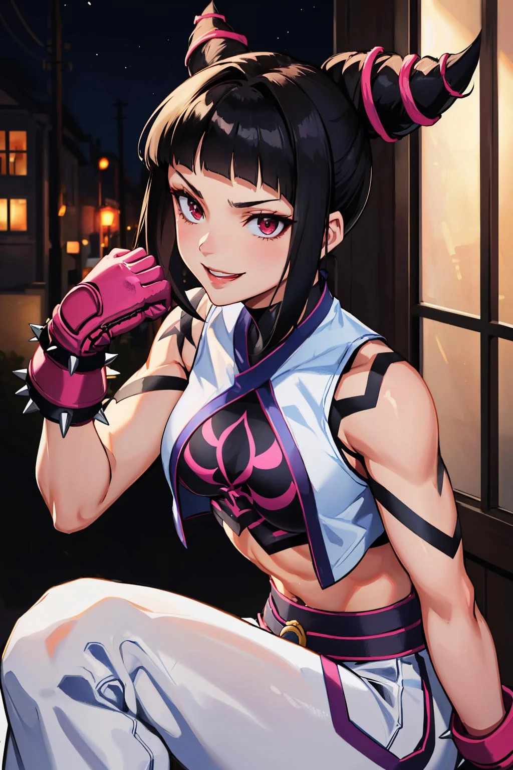<lora:JuriHanStreetFighter2:1> Juri Han (Street Fighter), white harem pants, crop top, spiked bracelets, gloves, midriff
masterpiece, best quality, absurdres, evil smile, night, city