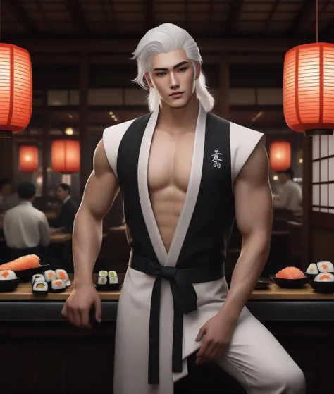 one boy, portrait, skin imperfections, twunk, realistic photography, white hair , mysterious gaze, bare chest, dressed in formal costume, (standing in a sushi restaurant ):3, buff:0.1, ((large biceps)), <lora:LifeWeaver:0.5>, high quality, 8k