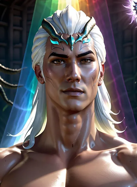 male, closeup portrait:1.5, shot on Sony A7R IV, photography, a giant ray of dragon:2 healing energy, <lora:LifeWeaver:0.7> shirtless warrior,  white hair, ((mystical rainbow spirit awaken in the background)), dark scene, high quality, 8k, (skin imperfections) ,