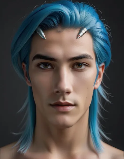 one boy, (portrait):2, ultrarealistic photography, high quality, 8k, shot on Sony A7R IV, skin imperfections, realistic photography, blue hair, <lora:LifeWeaver:0.8>