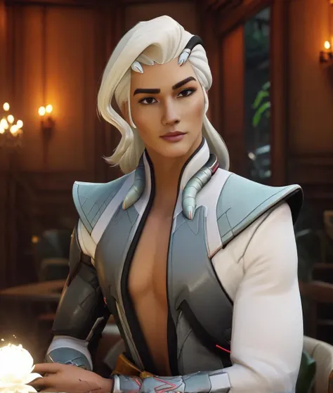Witdim, white pointy hair, black eyes, pale skin, forehead jewel, eyeliner, cape, black lipstick,white robes, earrings, looking at viewer, serious, smiling, medium shot, inside bar, holding pint of beer, counter, neon lighting, high quality, masterpiece, <lora:whitediamond:.8>