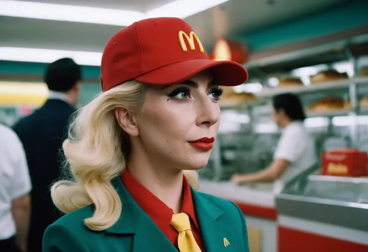 cinematic photo analog style portrait of an a beautiful ((ohwx woman)) wearing a mcdonald's uniform, blonde, long hair, pixiv, hyperrealistic <lora:ulti_lady_gaga_sdxl:1.2> . wes anderson movie, still from stanley kubrick movie, 35mm photograph, film, bokeh, professional, 4k, highly detailed