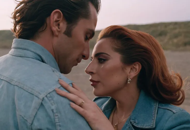 cinematic photo analog style portrait of an a  ((ohwx woman)) that is hugging a man <lora:ulti_lady_gaga_sdxl:1.2> . wes anderson movie, still from stanley kubrick movie, 35mm photograph, film, bokeh, professional, 4k, highly detailed