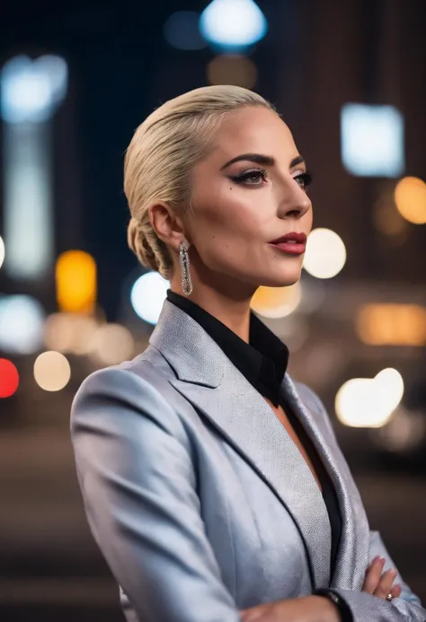 cinematic photo face closeup portrait of fit ((ohwx woman)) a businessman on a new york skyscraper roof (at night:1.1) wearing a fashion Armani suit, depth of field, zeiss lens, 105mm F2.0, fashion shooting, fashion clean cut,Sony a7R, cinematic lighting, city lights, in style of Everett Raymond Kinstler <lora:ulti_lady_gaga_sdxl:1.2> . 35mm photograph, film, bokeh, professional, 4k, highly detailed