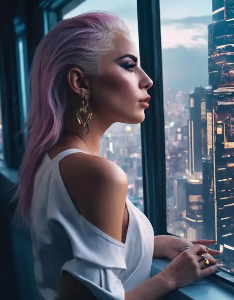 polaroid photo portrait of cyberpunk ((ohwx woman)) looking out of a window, cyberpunk setting, futuristic, highly detailed, intricate lighting, digital painting, sharp focus, illustration, trending on artstation, by johnson ting. <lora:ulti_lady_gaga_sdxl:1.2> . flash photography, light bleed, scratches, Terry Richardson style