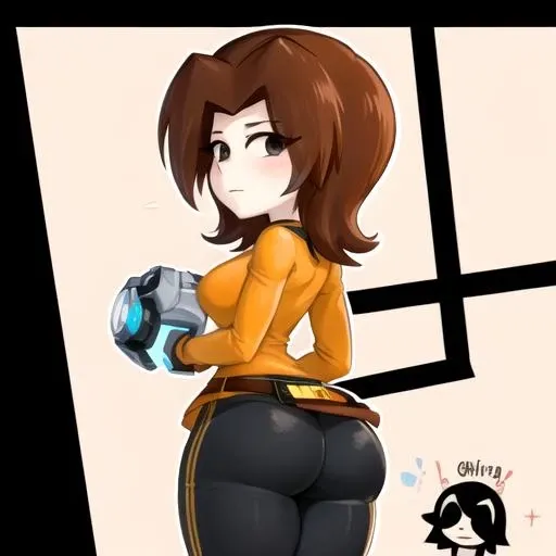 mii gunner, 1girl, breasts, blush, short hair, bangs, simple background, brown hair, long sleeves, medium breasts, closed mouth, standing, weapon, ass, thighs, cowboy shot, solo focus, shiny, belt, looking back, pants, from behind, black eyes, shiny hair, speech bubble, english text, shiny skin, colored skin, blush stickers, short dress, ..., skin tight, spoken ellipsis, shiny clothes, black belt, orange background, arm cannon, jaggy lines, orange sweater <lora:mii_gunner-01:1>