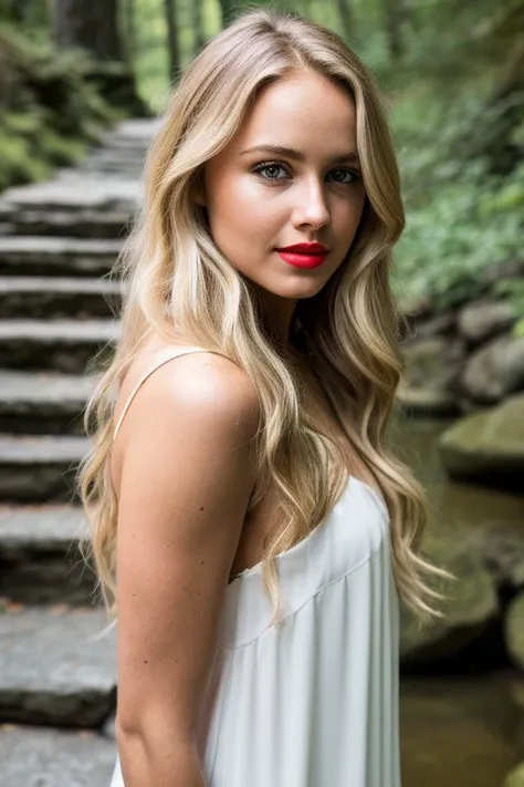 woman,cute,,fullbody,day,depth of field, red lips,blond waveylong hair,looking at viewer,
forest, pond, waterfall, stone wall with gates near viewer,
realistic,solo,Raw photo,8k,realistic skin details,realistic hair details,perfect skin,8k uhd,dslr,high quality,film grain,fujifilm xt3,16k uhd,dslr,best quality,