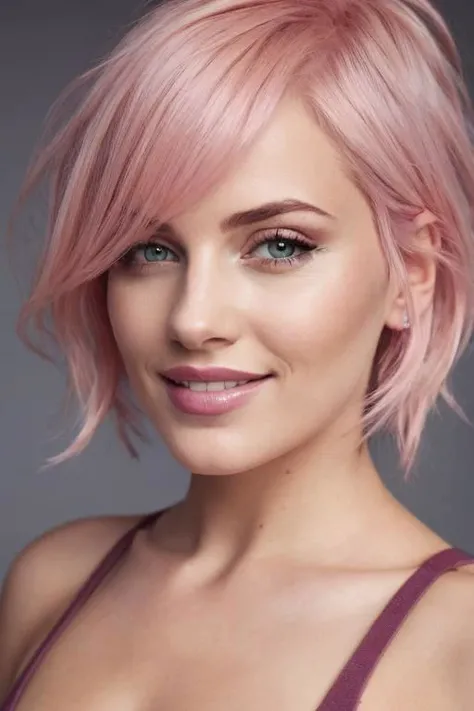 woman,pastel pink hair,portrait,reality,highres,realistic,photo_ (medium),mid_shot,front view,cinematic_angle,skinny,adult,seductive_smile,raw photo,8k