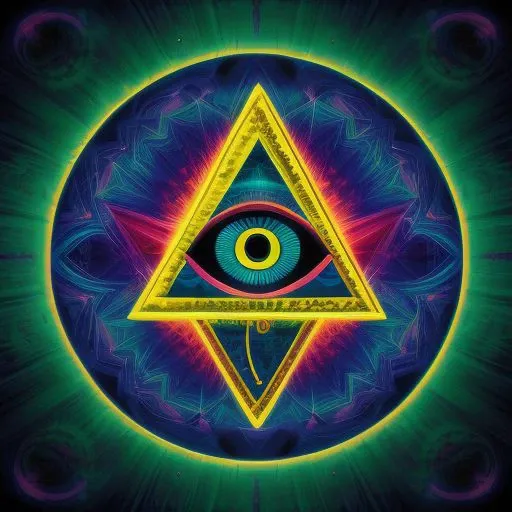 ((Illuminati:1.2)) Hypnotic deep-state illustration (psychedelic art by Dan Mumford) surrealism, dark and evil glow, glow neon paint, defined sharp edges, mystical, (all-seeing eye:1.3)