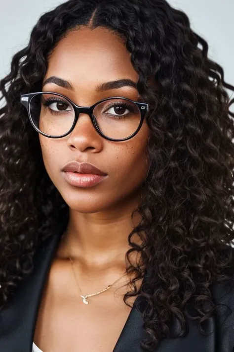 short light skinned black female, long curly with no frizz brown hair, glasses, freckles, brown eyes, no imperfections