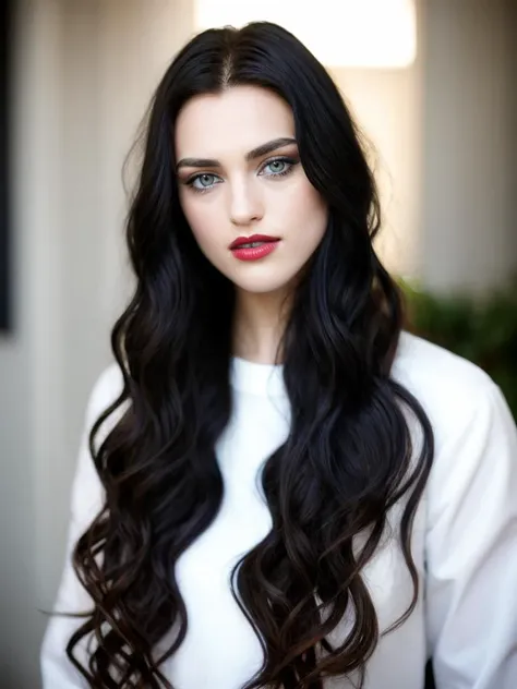 Realistic photo of a beautiful k4t13m woman, 1girl,solo,long hair,looking at viewer,blue eyes,simple background,black hair,upper body,lips,makeup,lipstick,pale skin,realistic,red lips, soft lighting, professional Photography, Photorealistic, detailed, RAW, analog, sharp focus, 8k, HD, high quality, masterpiece<lora:k4t13m:1.0>