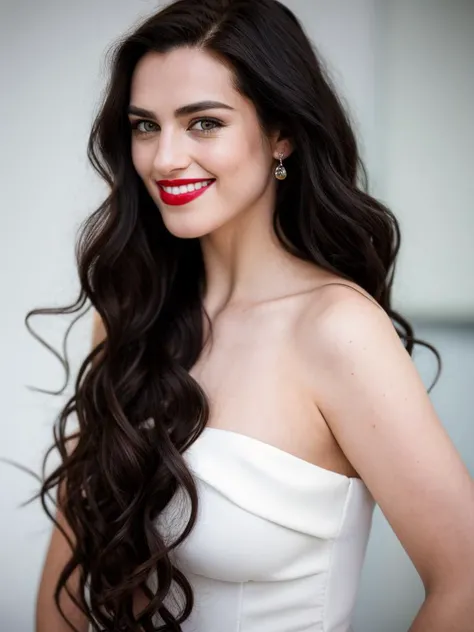 Realistic photo of a beautiful k4t13m woman, 1girl,solo,long hair,looking at viewer,smile,simple background,black hair,bare shoulders,jewelry,earrings,teeth,mole,lips,makeup,lipstick,portrait,realistic, soft lighting, professional Photography, Photorealistic, detailed, RAW, analog, sharp focus, 8k, HD, high quality, masterpiece<lora:k4t13m:1.0>